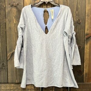 Free People Chambray Mini Dress Romper L Blue Mist Denim Look Boho Flare Sleeves